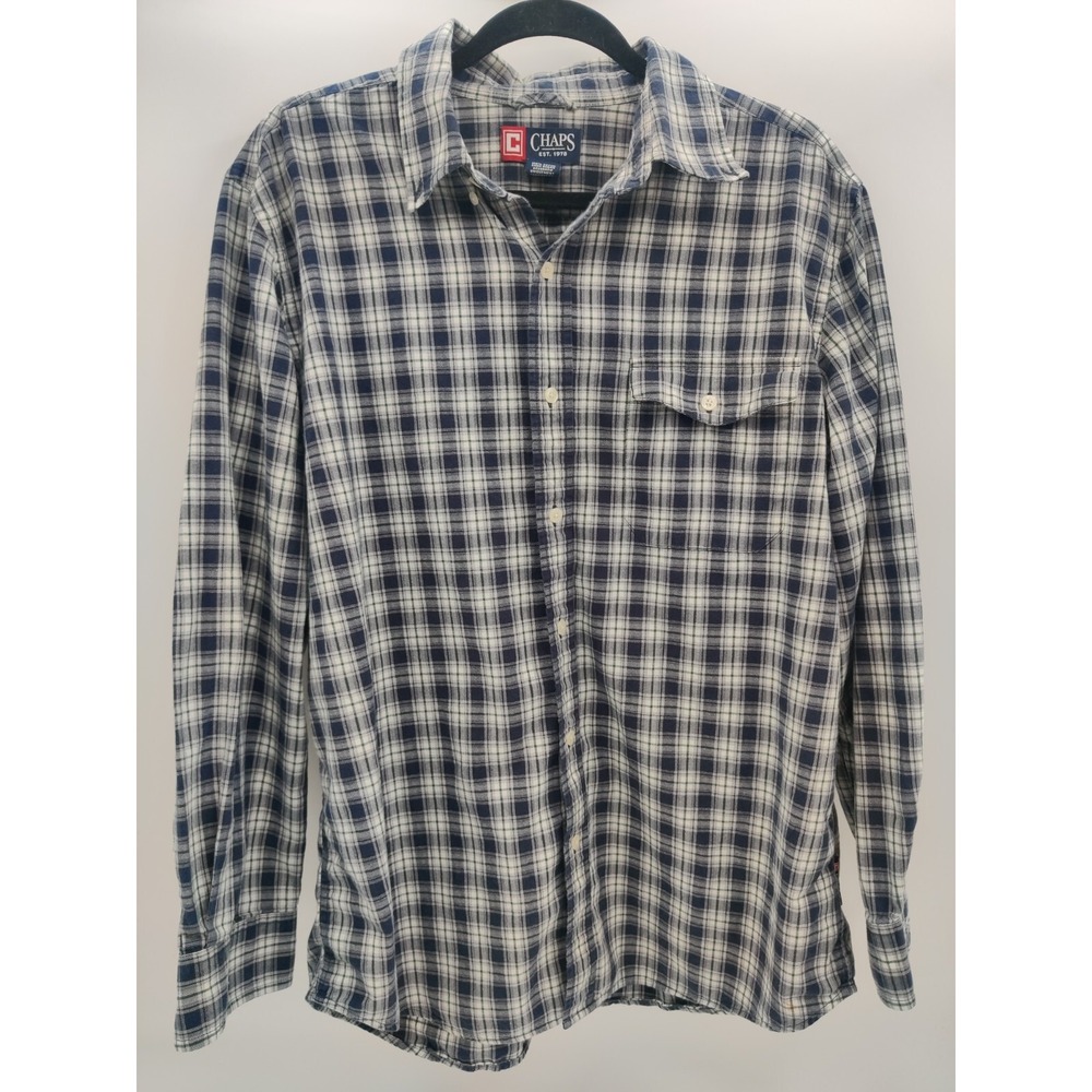 Chaps Button Down Long Sleeve Shirt100% Cotton Plaid Blue White‎ Green Button